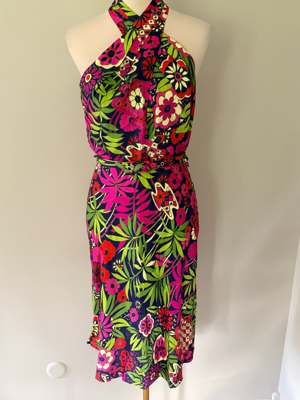 Trina Turk Muri Dress Size 4 NWT Tropical Floral Halter Belted Midi $348